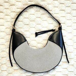 Minimalist H&M Half Moon Shoulder Bag | Black Leather Trim & Woven Canvas